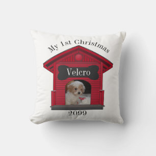1st Christmas Dog Upload Photo Dog House w Bone Sq Throw Pillow