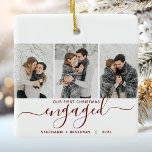 1st Christmas Engaged 3 Photo Burgundy Red Script Ceramic Ornament<br><div class="desc">Commemorate your engagement with this beautiful modern keepsake ornament. The burgundy red text reads "Our first Christmas engaged, " with the word "engaged" in elegant handwriting script with flourishes before and after. Replace the three sample images with your favourite vertical photos, and add your names and the year in burgundy...</div>