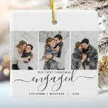1st Christmas Engaged 3 Photo Collage Grey Script Ceramic Ornament<br><div class="desc">Commemorate your engagement with this beautiful modern keepsake ornament. The grey text reads "Our first Christmas engaged, " with the word "engaged" in elegant handwriting script with flourishes before and after. Replace the three sample images with your favourite vertical photos,  and add your names and the year.</div>