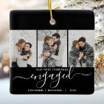 1st Christmas Engaged 3 Photo White Script Black Ceramic Ornament<br><div class="desc">Commemorate your engagement with this beautiful modern keepsake ornament. The white text reads "Our first Christmas engaged, " with the word "engaged" in elegant handwriting script with flourishes before and after. Replace the three sample images with your favourite vertical photos, and add your names and the year in white text...</div>