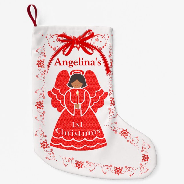 1st Christmas Ethnic Angel Baby Girl Custom Name Small Christmas Stocking (Front)