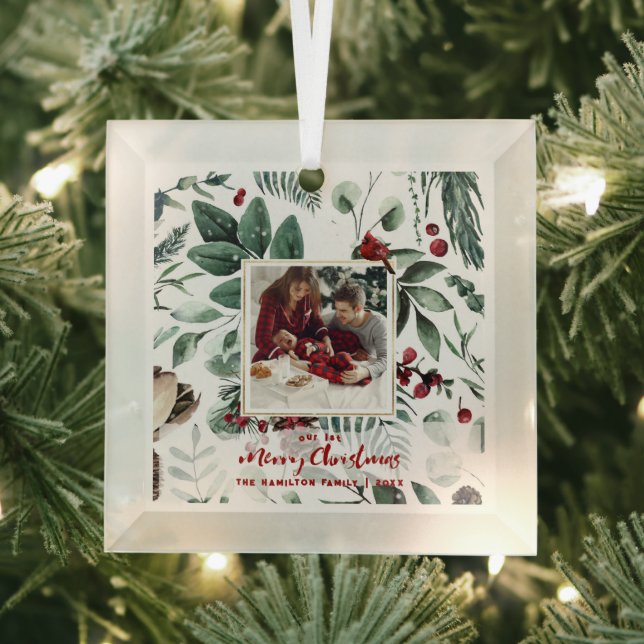 1st Christmas Family 2-Photo Watercolor Holly  Glass Ornament (Insitu)