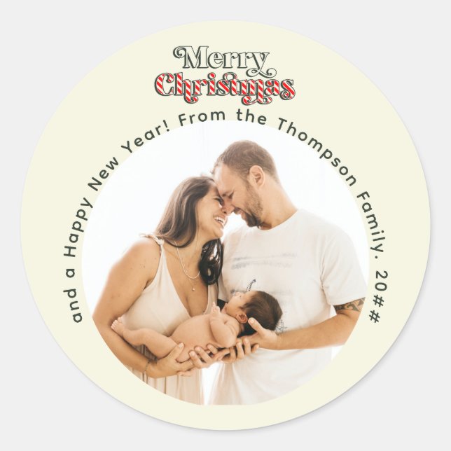 1st Christmas Fun Candy Cane Family Custom Photo Classic Round Sticker (Front)