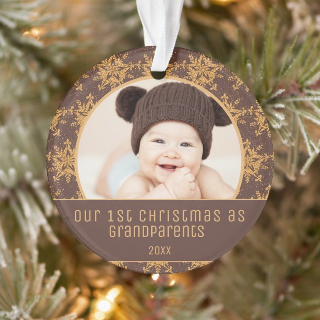 1st Christmas Grandparents Brown Gold Snowflakes Ornament (Tree)