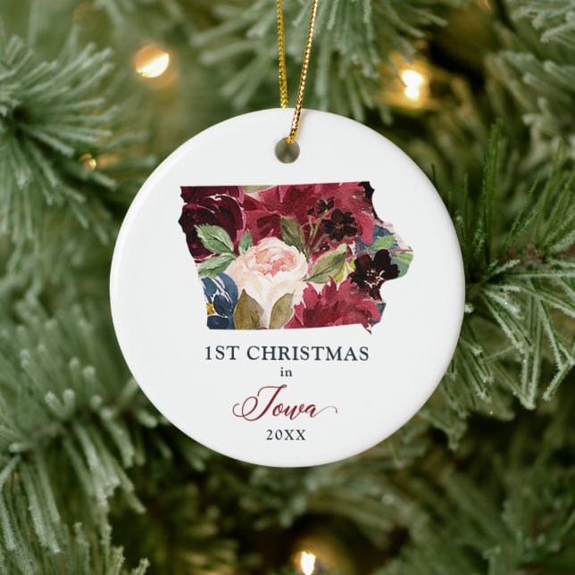 1st Christmas in Iowa Personalized Burgundy Floral Ceramic Ornament (Tree)