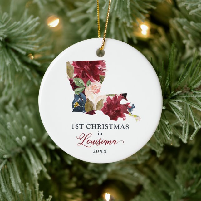 1st Christmas In Louisiana Personalized Floral Ceramic Ornament (Tree)