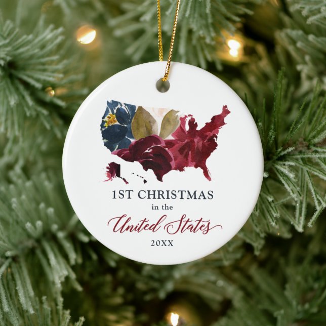 1st Christmas In The United States Personalized Ceramic Ornament (Tree)