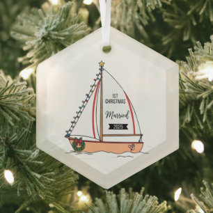  1st Christmas Married 2025   Cute Nautical  Glass Ornament