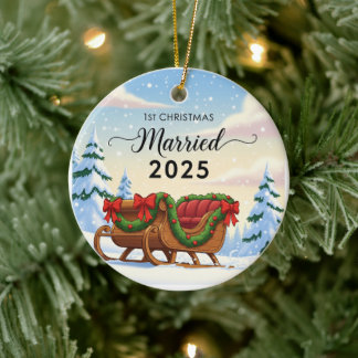 1st Christmas Married 2025 | Cute Snowy Sleigh New Ceramic Ornament