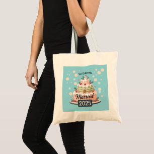 1st Christmas Married 2025 Festive Holiday Cake Tote Bag