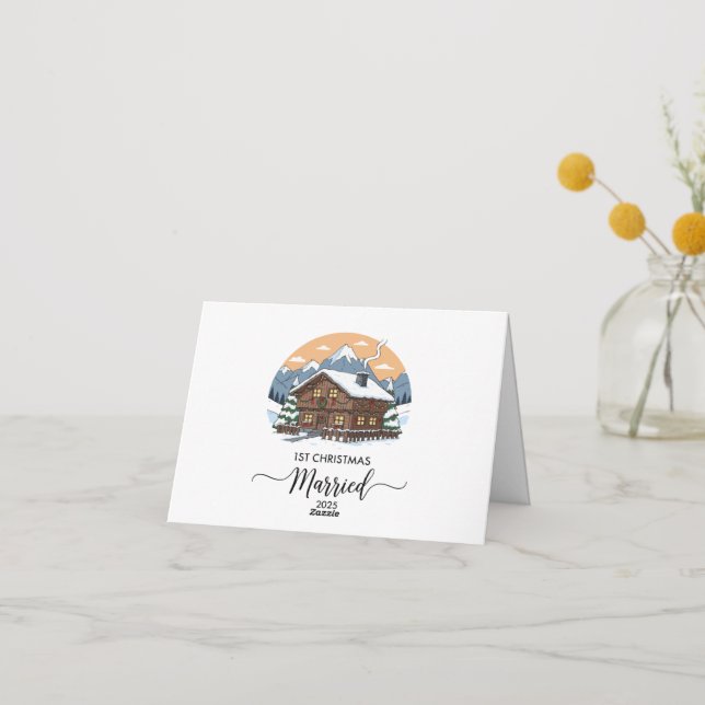 1st Christmas Married 2025 Rustic Cabin Ornament  Thank You Card (Back)