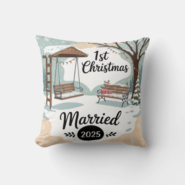 1st Christmas Married 2025 | Rustic Winter Scene  Throw Pillow (Front)