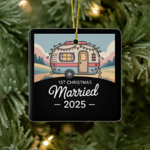 1st Christmas Married 2025   Vintage Camper RV  Ceramic Ornament