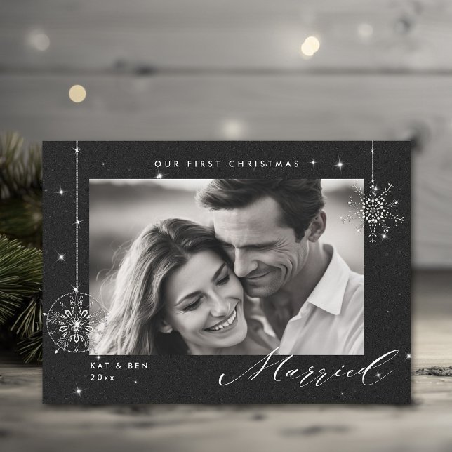 1st Christmas Married Black Sparkles Modern Photo Holiday Card (christmas card first married couple black glitter sparkle modern minimalist snowflake winter wonder)