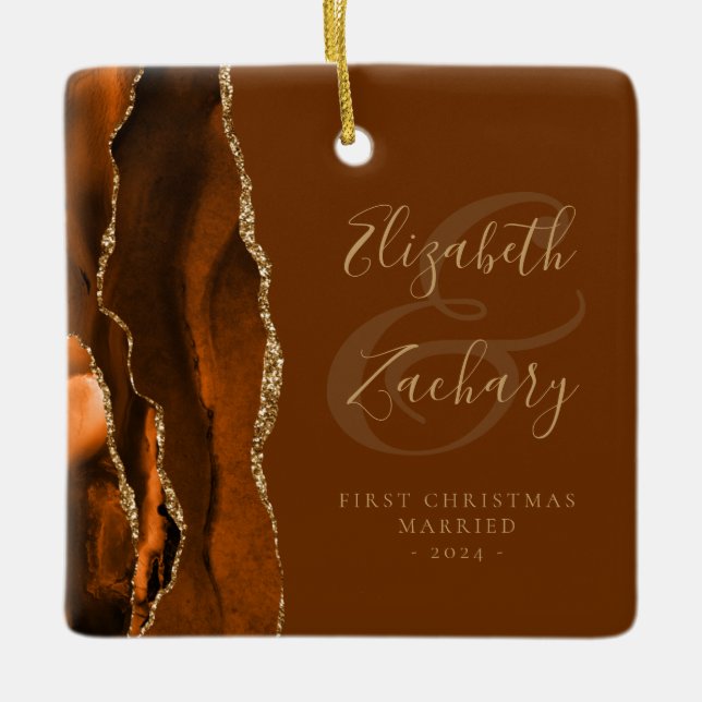1st Christmas Married Burnt Orange Agate Brown Ceramic Ornament (Front)