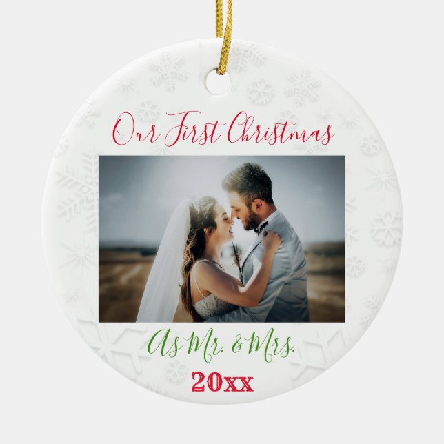 1st Christmas Married Couple Photo Ceramic Ornament (Front)