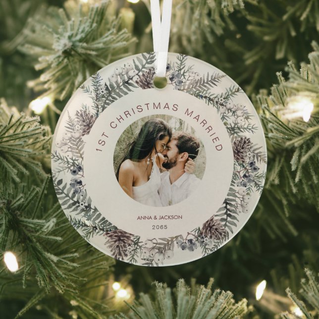  1st Christmas Married Couple Photo Foliage Glass Ornament (Insitu)