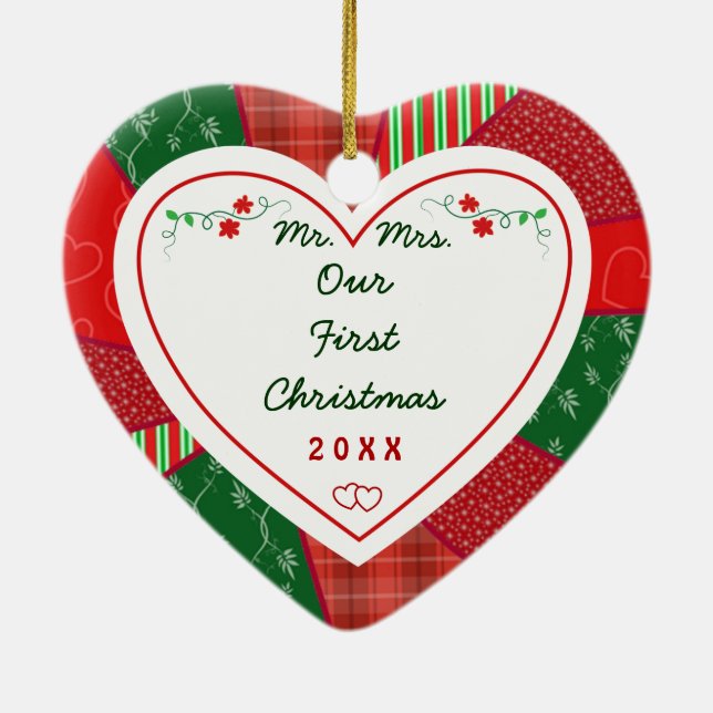 1st Christmas Married Couple Quilt Pattern Gift Ceramic Ornament (Back)