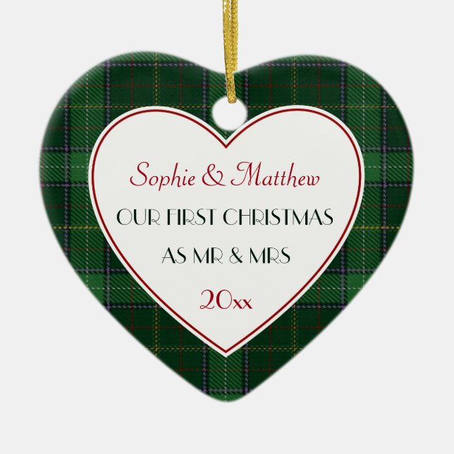 1st Christmas Married Green Plaid Gift Heart Ceramic Ornament (Front)