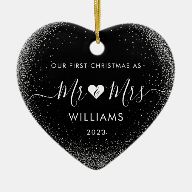 1st Christmas Married Mr Mrs Simple Heart Photo Ceramic Ornament (Front)