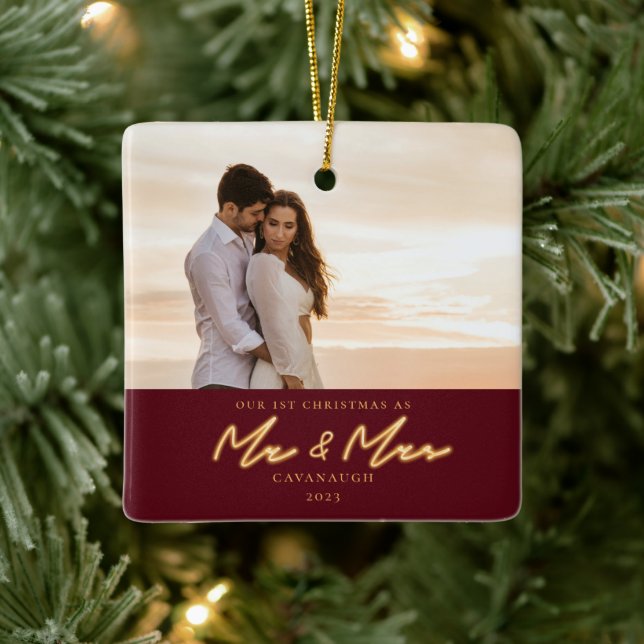 1st Christmas Married Neon Lettering Photo Ceramic Ceramic Ornament (Tree)