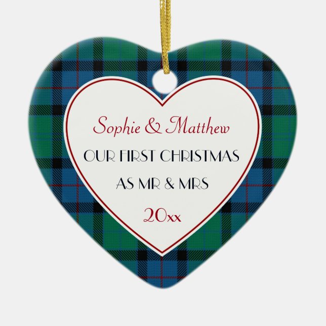 1st Christmas Married Plaid Gift Heart Ceramic Ornament (Front)