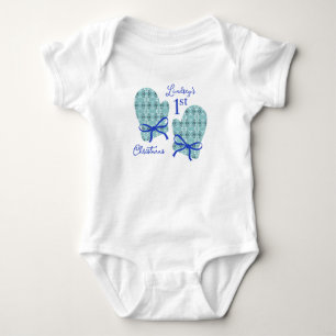 1st Christmas Mittens Blue Bow Holiday Baby Bodysuit