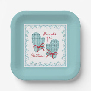 1st Christmas Mittens Red Bow Holiday Paper Plate