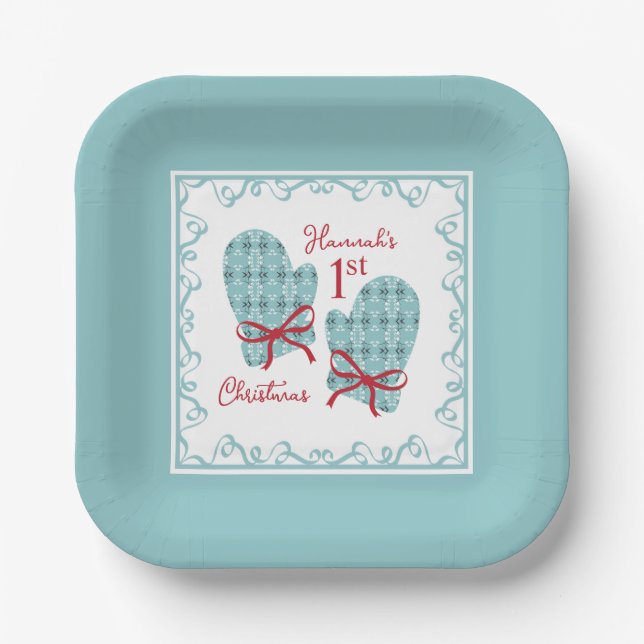 1st Christmas Mittens Red Bow Holiday Paper Plate (Front)