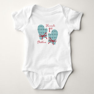 1st Christmas Mittens Red Bow Royal Botanical Blue Baby Bodysuit