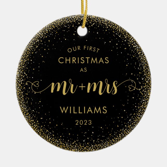 1st Christmas Mr and Mrs Gold Glitter Wreath Photo Ceramic Ornament (Front)