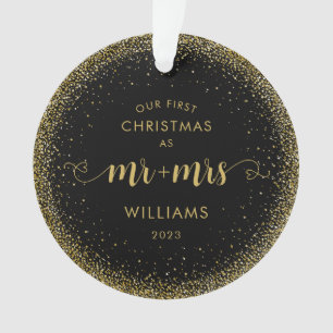 1st Christmas Mr and Mrs Gold Glitter Wreath Photo Ornament