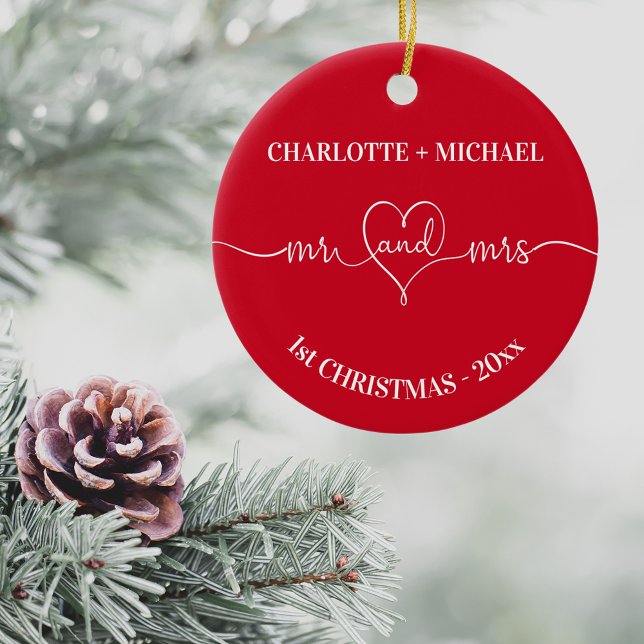 1st Christmas newly weds names heart red white Ceramic Ornament (Creator Uploaded)