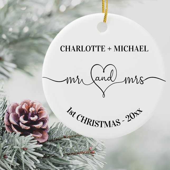 1st Christmas newlyweds names heart white Ceramic Ornament (Creator Uploaded)