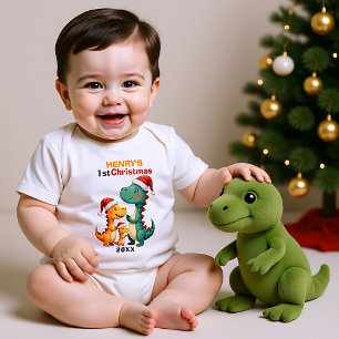 1st Christmas, own text, Santa-Saur Family Baby Bodysuit