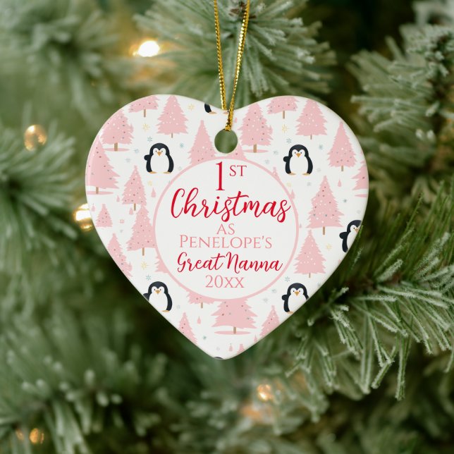 1st Christmas Penguin Great Nanna Pink Ceramic Ornament (Tree)