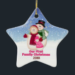 1st Christmas pink Frosty Snowman Family Ceramic Ornament<br><div class="desc">Frosty the Snowman with Mrs Frosty and baby girl Frosty with snowflakes background. They are dressed for winter in scarf,  hat and mittens. Unique ornament has date area ready for you to customize.</div>