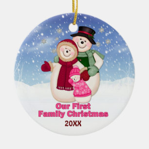 1st Christmas pink Frosty Snowman Family Ceramic Ornament