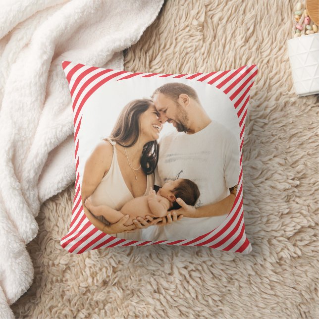 1st Christmas Red Candy Cane Family Custom Photo Throw Pillow (Blanket)