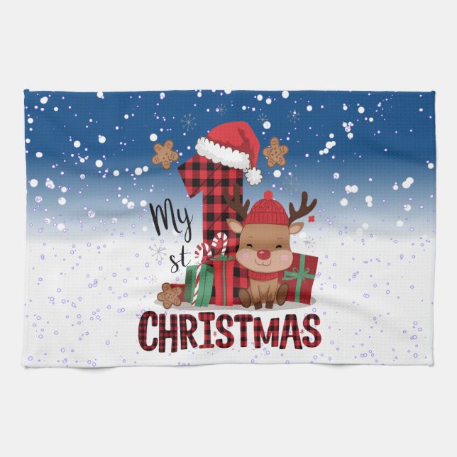 1st Christmas Santa Hat White Snow Baby Reindeer Kitchen Towel (Horizontal)