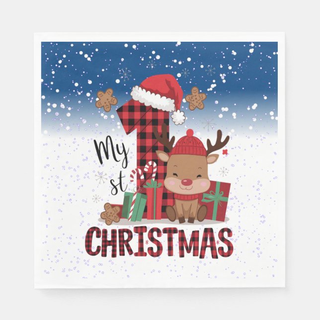 1st Christmas Santa Hat White Snow Baby Reindeer Napkin (Front)
