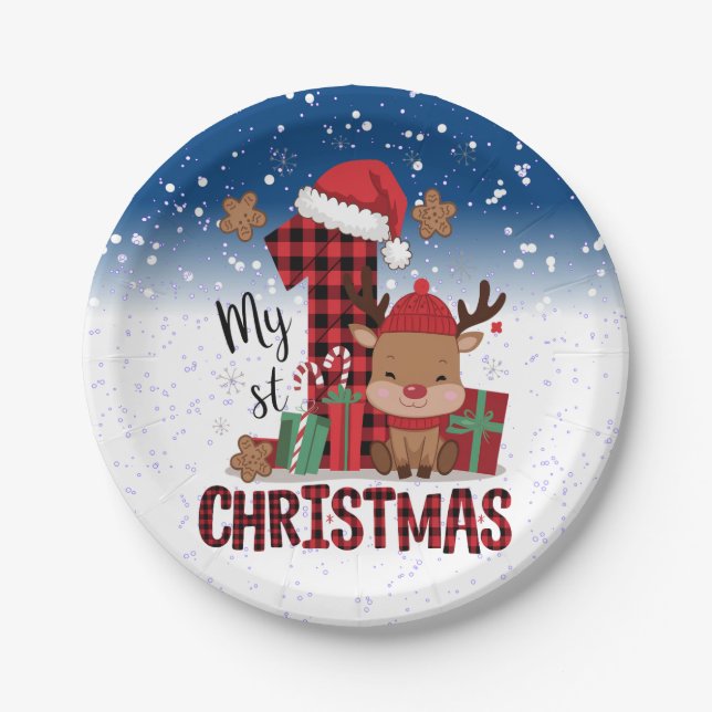 1st Christmas Santa Hat White Snow Baby Reindeer Paper Plate (Front)