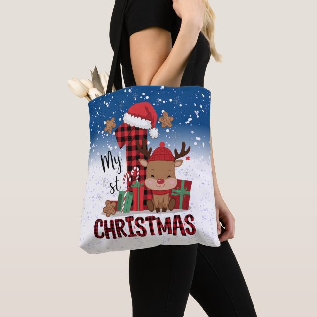 1st Christmas Santa Hat White Snow Baby Reindeer Tote Bag (Close Up)