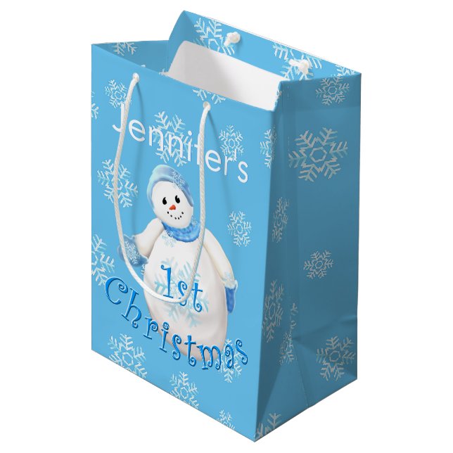 1st Christmas Snowman Custom Name Medium Gift Bag (Front Angled)
