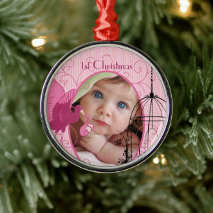 1st Christmas Stork Birdcage Photo Christmas  Metal Ornament