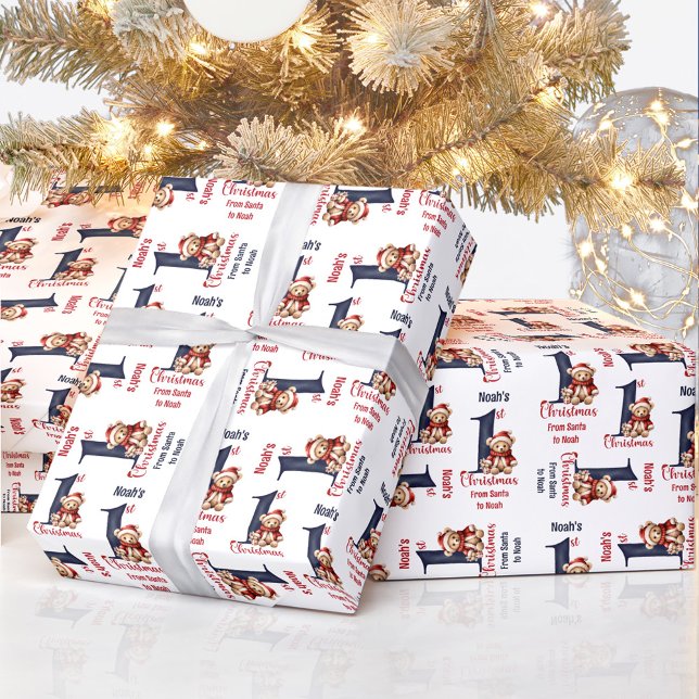 1st Christmas Teddy Bear Name Baby Boy Red Blue Wrapping Paper (1st Christmas Teddy Bear Name Baby Boy Red Blue Wrapping Paper)