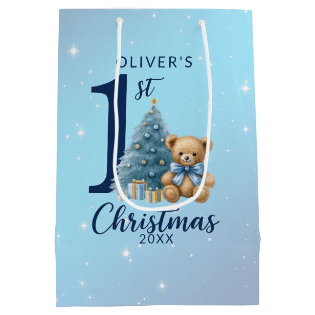 1st Christmas Teddy Bear with Blue Tree Medium Gift Bag (Back)