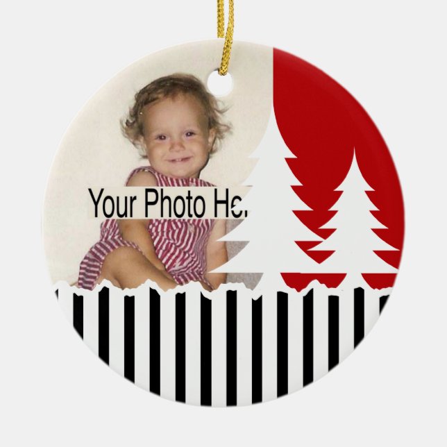 1st Christmas/ Trees and Stripes Photo Ceramic Ornament (Front)