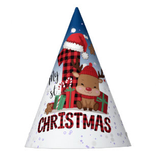 1st Christmas White Snow Baby Reindeer Blue Sky Party Hat