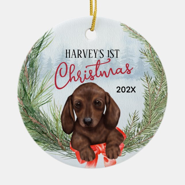 1st Christmas Wreath Chocolate Brown Dachshund Pup Ceramic Ornament (Front)